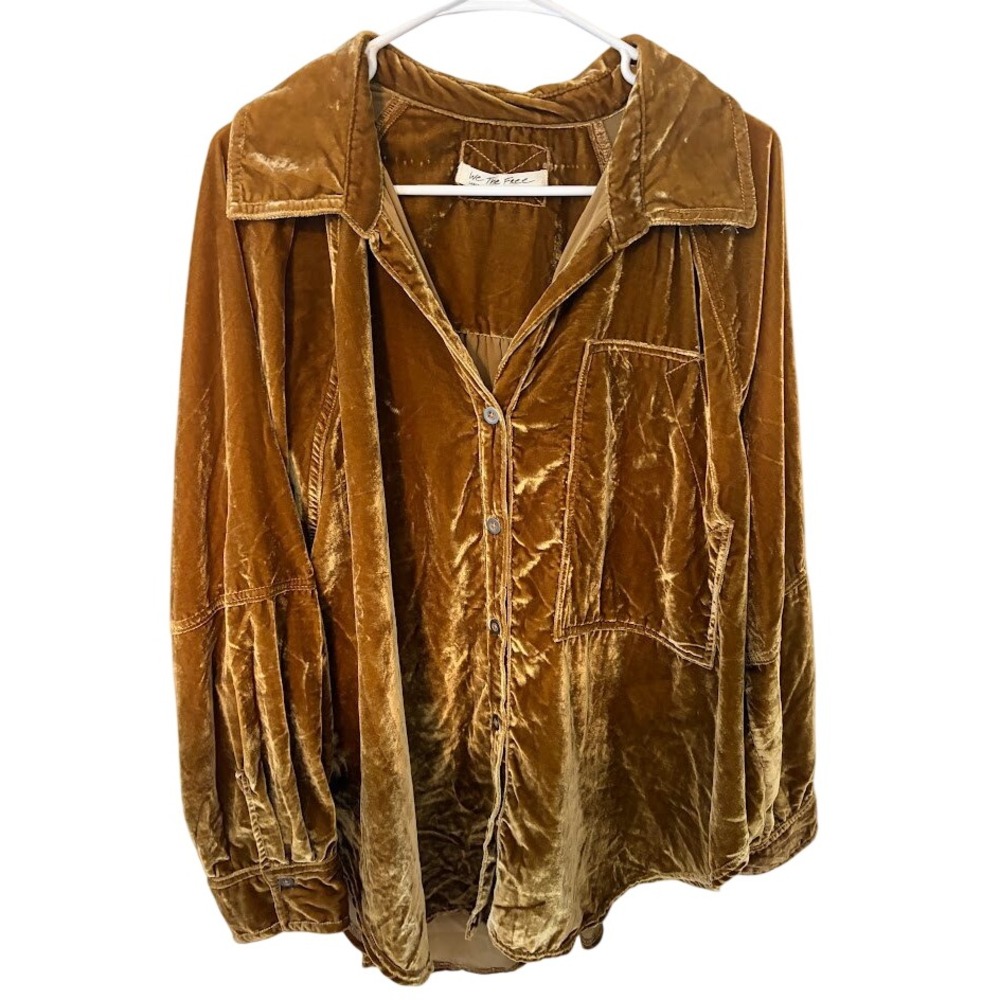 We The Free Free People Velvet Button Down Shirt Bronze Gold Oversized Large